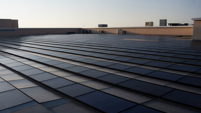 Rooftop solar panels on modern school building roof