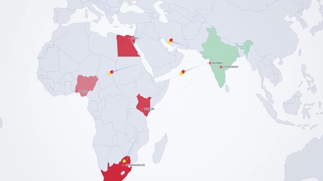 Generic Medicines Export Routes on Light Map, India to Nigeria Kenya South Africa Egypt Animated Motion Graphics Seamless Loop, 4K