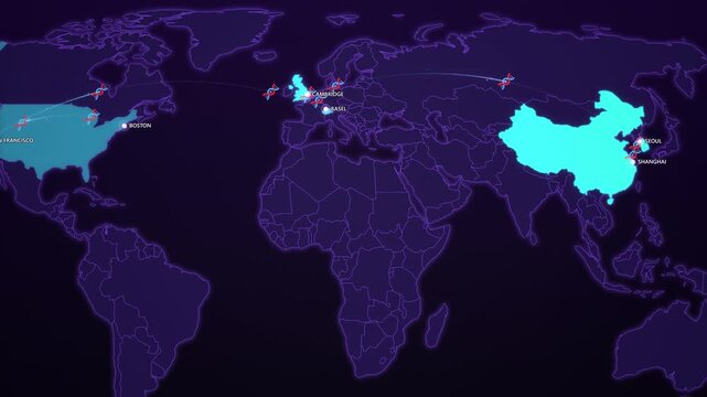 Biotech Innovation Hubs on Cyber Map, Boston San Francisco Basel Cambridge Seoul Animated Motion Graphics Seamless Loop, 4K