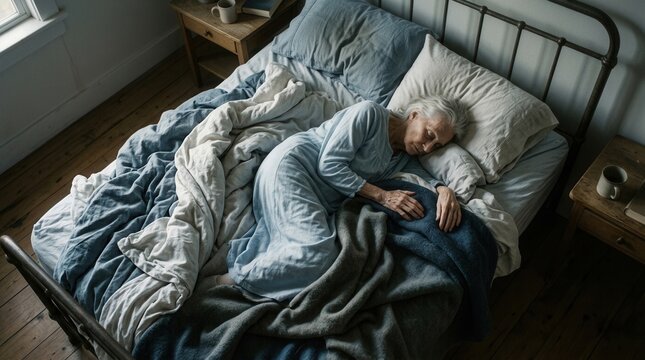 Elderly Woman Sleeping Peacefully In A Cozy Bed During The Day