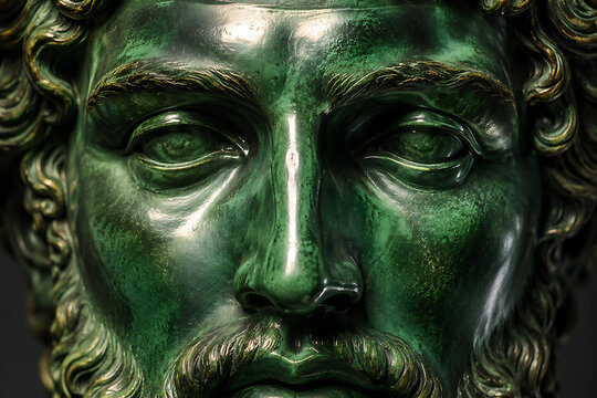 Emerald green bronze face of classical Greco-Roman deity