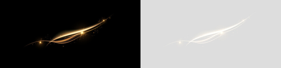 Vector png background with gold glowing lines. Gold glowing lines of speed. Light glow effect. Light trail wave, fire trail line and glow curve swirl.   © Александр Боярин