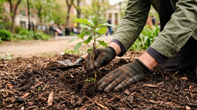 Hands of gardener planting young oak tree sapling in mulched soil, environmental conservation and urban greening, sustainable gardening practice for climate change mitigation
