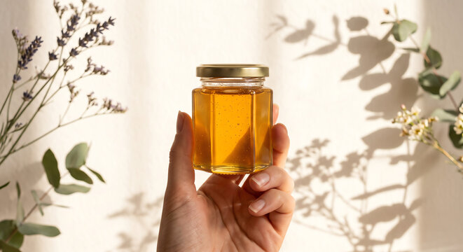 Hand holding honey jar mockup