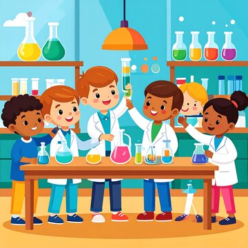 Diverse group of children learning science in classroom.