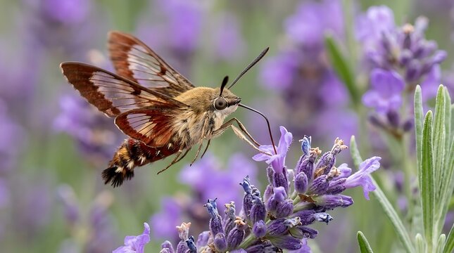 Hummingbird Hawk-Moth Hovering and Feeding on Lavender Flowers