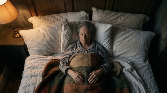 Elderly Woman Sleeping Peacefully Under A Cozy Blanket In A Warm Bedroom At Night