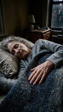 Elderly Woman Sleeping Peacefully Under Cozy Blanket In Dimly Lit Room
