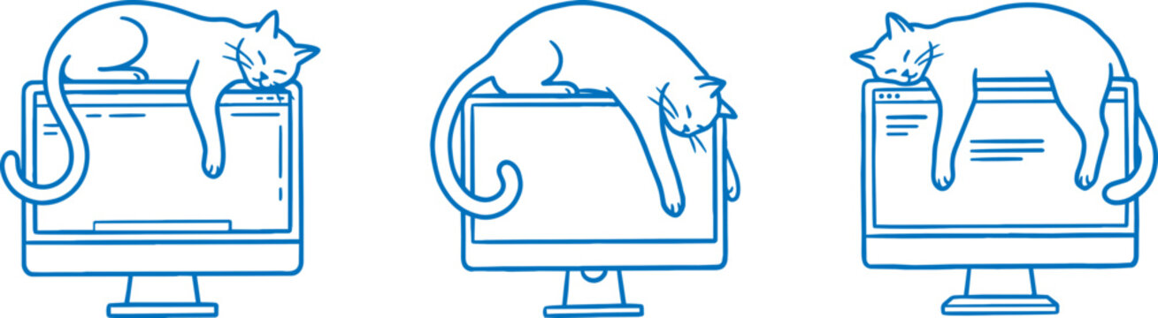 Three sleeping cats resting atop computer monitors set minimalist blue line art illustration design elements collection