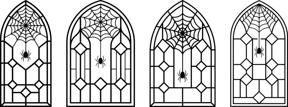 Gothic arched windows set featuring intricate spiderwebs and spiders isolated vector illustration collection with minimalist