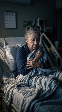 Elderly Woman In Hospital Bed Feeling Cold And Alone At Night