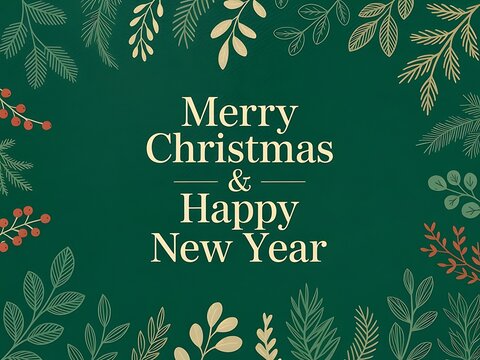 Merry Christmas and Happy New Year greeting card design with gold elegant leaves on a dark green background