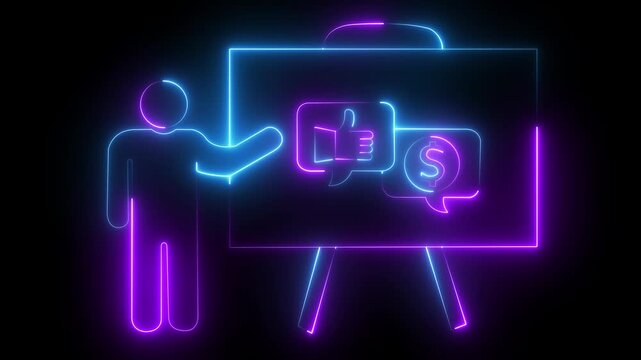 Neon presentation of digital marketing strategy with like and money