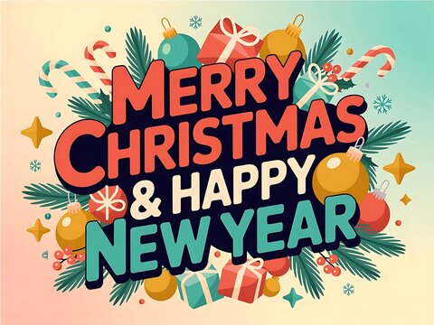 Merry Christmas and happy new year greeting card illustration with festive holiday ornaments and pine branches