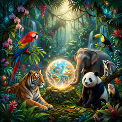 Naklejka premium Diverse wild animals gathered around a glowing planet Earth.
