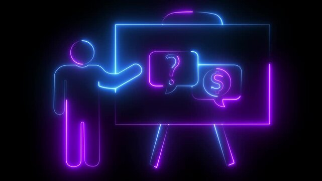Neon business presentation with question mark and dollar sign for financial strategy and investment analysis