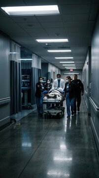 Emergency Medical Team Swiftly Transports Patient Down Hospital Corridor