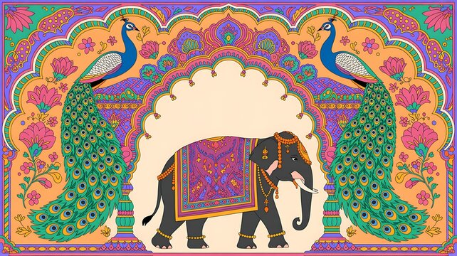 Indian mughal emperors procession riding decorated elephants