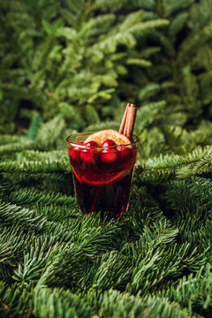 Mulled wine with orange, cranberry and cinnamon in fir forest setting. Selective focus.
