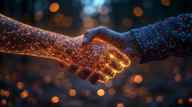 Futuristic handshake with glowing connections representing unity