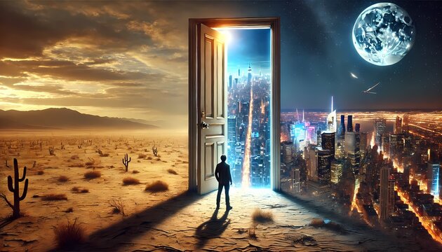 Parallel Worlds Through a Door from Barren Land to Modern City