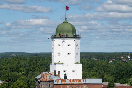 The ancient tower of St. Olaf in a summer landscape. Vyborg castle. Leningrad region