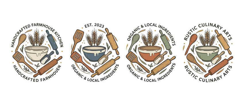 Farmhouse kitchen logo with baking tools and wheat