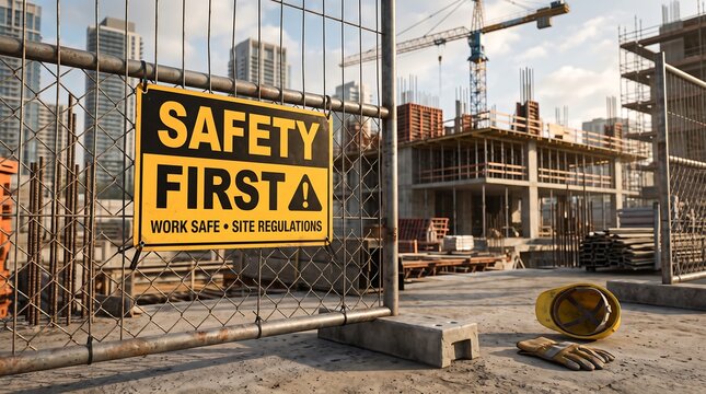 A prominent "Safety First" sign on a fence at an active urban construction site with a hardhat and gloves on the ground.