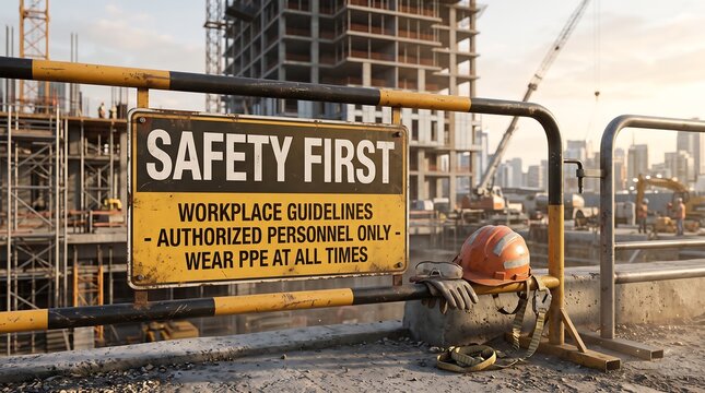 A prominent 'SAFETY FIRST' sign on a barrier at a bustling construction site with an orange hard hat and gloves, emphasizing workplace safety guidelines and authorized personnel only.