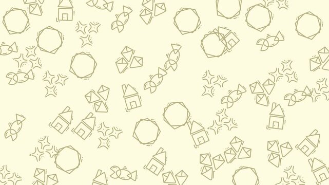 Seamless pattern featuring hand drawn doodle houses and geometric shapes on a light cream background.