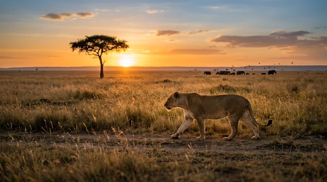 Lioness Walking on African Savanna at Golden Sunset