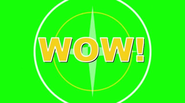 Vibrant WOW text with a yellow and orange design set against a bright green screen background with a target graphic ideal for expressing surprise excitement or impact