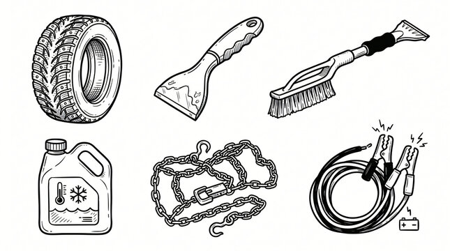 Winter car care and auto seasonal maintenance hand drawn illustrations set. Vintage doodle drawings of ice scrapers, snow brushes and tires. Clean line art collection for vehicle service shop.