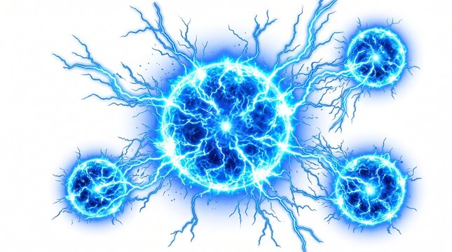 PNG image of luminous blue electric energy balls showing intense lightning discharges and glowing plasma effects on a white background
