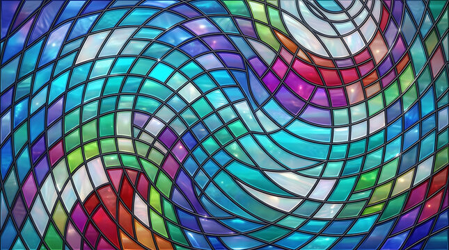 Abstract stained glass texture featuring swirling multicolored geometric panels