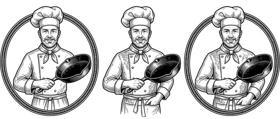 Chef Holding Frying Pan, Professional Culinary Illustration