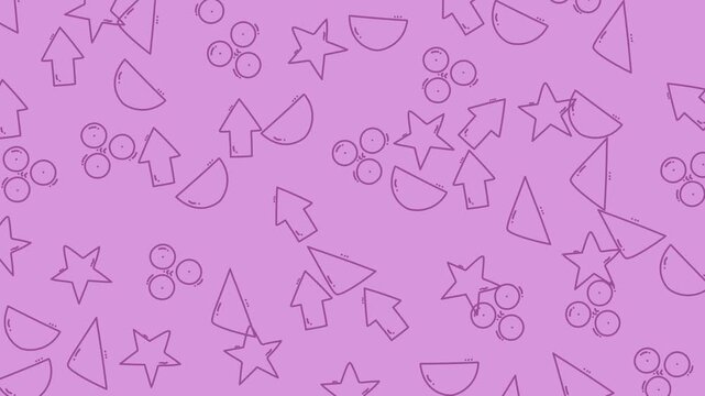 Seamless pattern background with hand drawn doodle shapes on a purple background.
