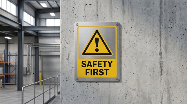 A prominent 'SAFETY FIRST' warning sign with an exclamation mark symbol, securely mounted on a textured concrete wall within an industrial building or warehouse environment.