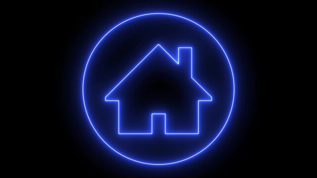 Glowing neon home button icon animation. Neon line home icon. House icon neon glowing light on black background. 