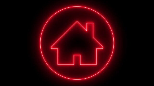 Glowing neon home button icon animation. Neon line home icon. House icon neon glowing light on black background. 