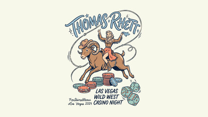 Fototapeta premium Vintage Wild West Casino Night Illustration Featuring a Cowgirl Riding a Bighorn Sheep Over Gambling Chips and Dice, Retro Western Theme with Hand Drawn Comic Style and Lasso Rope Borders.