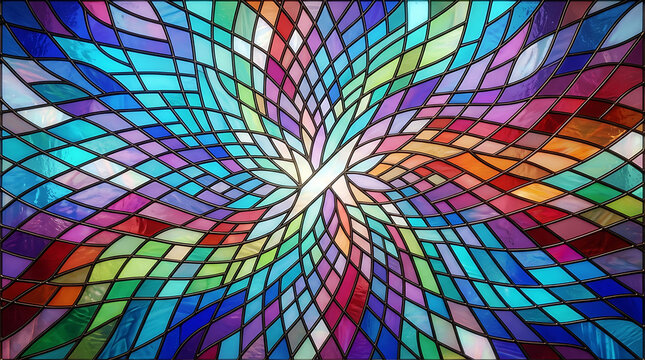 Radiant burst stained glass pattern with glowing center and colorful geometric