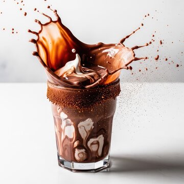 A dynamic action shot of a chocolate protein shake splashing in a glass, topped with swirling cream and a cloud of aromatic spice dust, protein, workout, shake