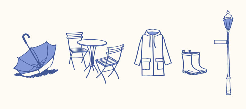 Rainy Day Essentials Hand Drawn Doodle Set with Umbrella, Raincoat, Boots, Outdoor Cafe Table Chairs and Street Lamp