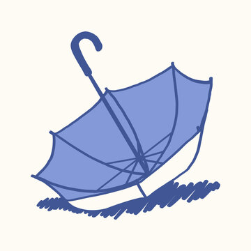 Upside Down Umbrella in Rainy Weather Hand Drawn Doodle Illustration, Open Parasol Blown by Strong Wind on Rainy Day