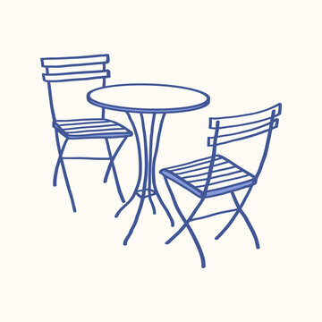 Outdoor Cafe Table and Chairs Hand Drawn Doodle Illustration, Bistro Patio Furniture and Casual Dining Seating