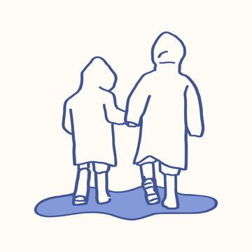 Two People Walking in Raincoats and Holding Hands on Rainy Day Hand Drawn Illustration, Friendship and Togetherness Concept