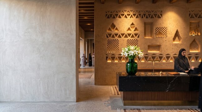 A professional female receptionist stands at a modern, dark reception desk in a luxurious hotel lobby. The space features elegant contemporary Middle Eastern architectural designs, offering a welcomin
