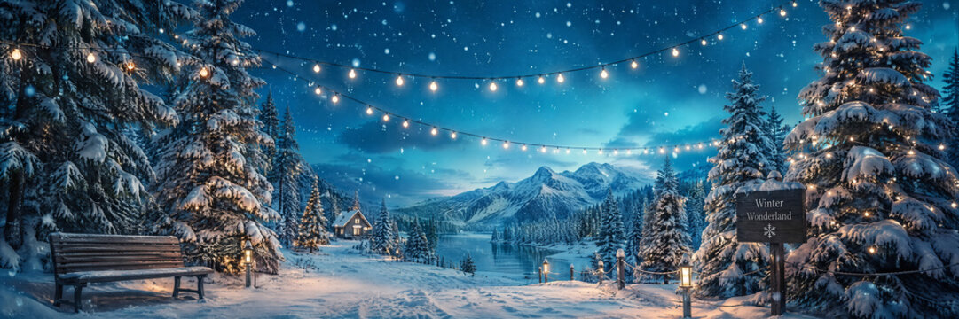 Magical winter wonderland with snow covered trees and festive lights