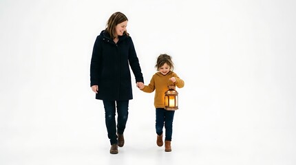 Naklejka premium Mother holding hand with small child carrying glowing vintage lantern against plain white studio background with mother her young child walking together while holding hands